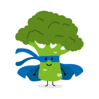 Illustration eines grünen Brokkolis mit blauem Superhelden-Umhang, Armen, Beinen und Gesicht