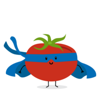 Illustration einer roten Tomate mit blauem Superhelden-Umhang, Armen, Beinen und Gesicht