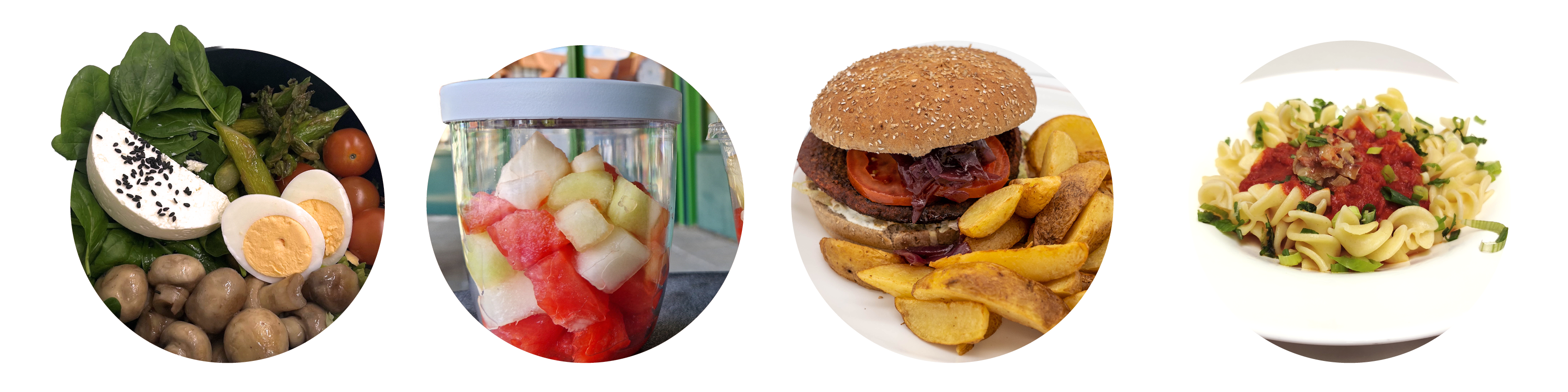 Beispielgerichte für den Rezeptwettbewerb: frische Bowl mit Ei und Gemüse, Dessert im Mehrweg-Cup mit Melone, vegetarischer Burger mit Kartoffelspalten und Pasta mit Tomatensauce.